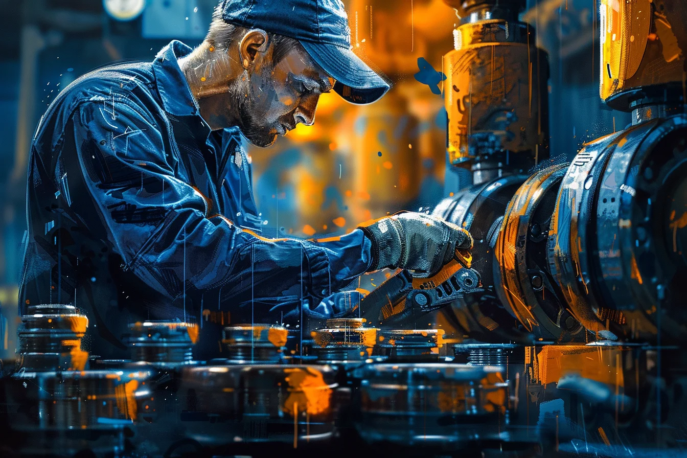 Pracownik w czapce i granatowym kombinezonie roboczym z rękawicami przy elementach maszyny, ilustracja odzieży roboczej w użyciu